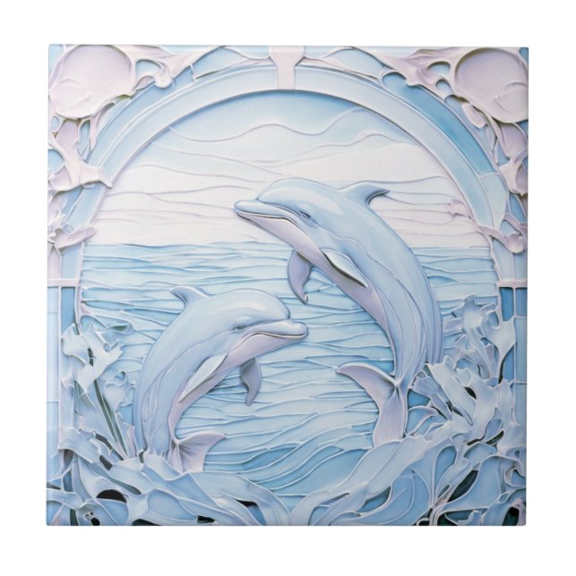 Dolphins Art Nouveau Faux Relief Vintage Antique Ceramic Tile (Front)