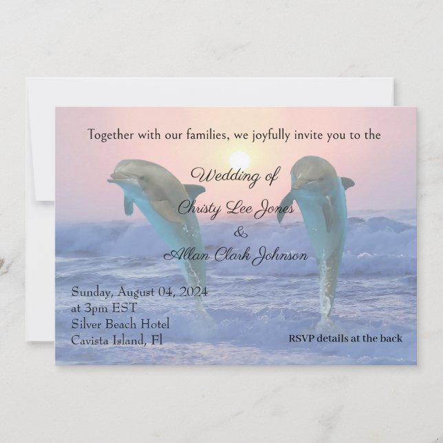 Dolphins at Sunrise Beach wedding Announcement (Front)