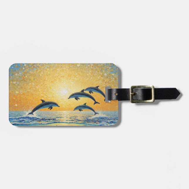 Dolphins At Sunset Luggage Tag (Front Horizontal)