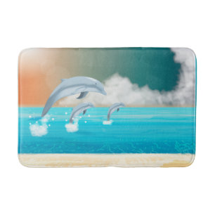 dolphins breaching in the ocean   bath mat