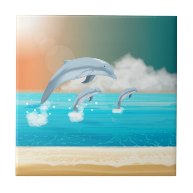 dolphins breaching in the ocean       ceramic tile (Front)