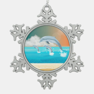 dolphins breaching in the ocean        snowflake pewter christmas ornament