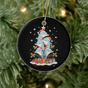 Dolphins Christmas Tree Santa Xmas Lights Holiday Ceramic Ornament
