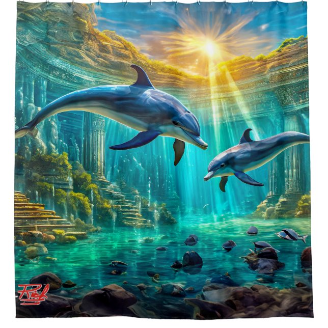 Dolphins in Atlantis Design by Rich AMeN Gill Shower Curtain (Front)