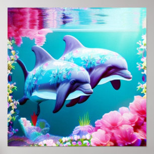 Dolphins In Ocean Life with Flowers      Poster