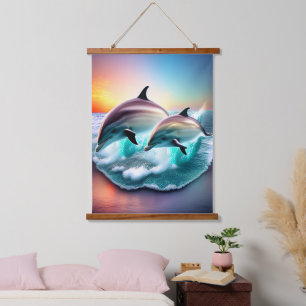 Dolphins in Ocean Sunset 3d Ai Art Hanging Tapestry