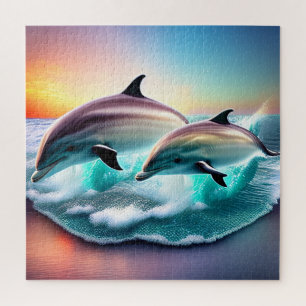 Dolphins in Ocean Sunset 3d Ai Art Jigsaw Puzzle