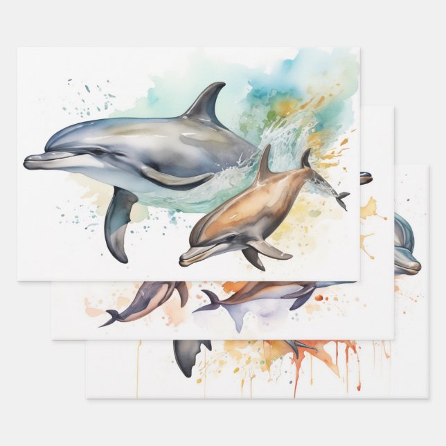 Dolphins in Sunset Watercolor Scene Wrapping Paper Sheet (Set)