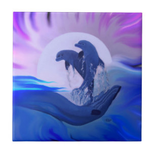 Dolphins in the Moonlight Ceramic Tile
