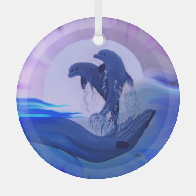 Dolphins in the Moonlight Glass Tree Decoration (Front)