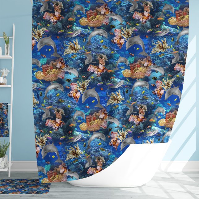 Dolphins In the Ocean with Tropical Fish Shower Curtain (Creator Uploaded)