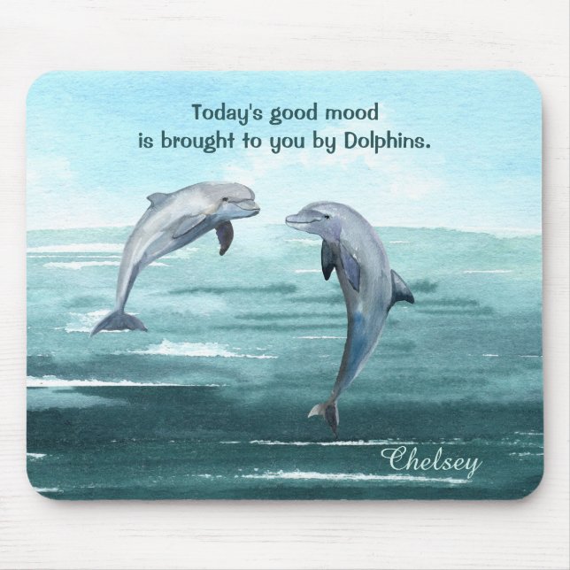 Dolphins Jumping Blue Water Watercolor Name Saying Mouse Pad (Front)