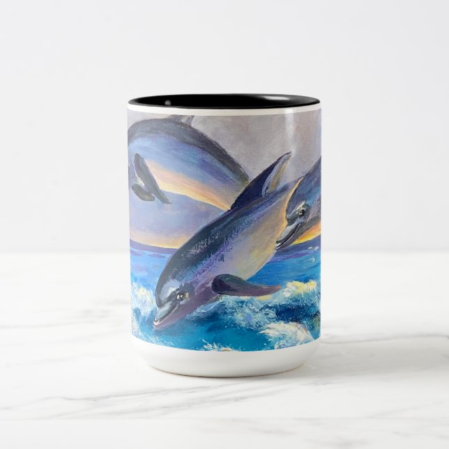 Dolphins Jumping For Joy Two-Tone Coffee Mug (Center)