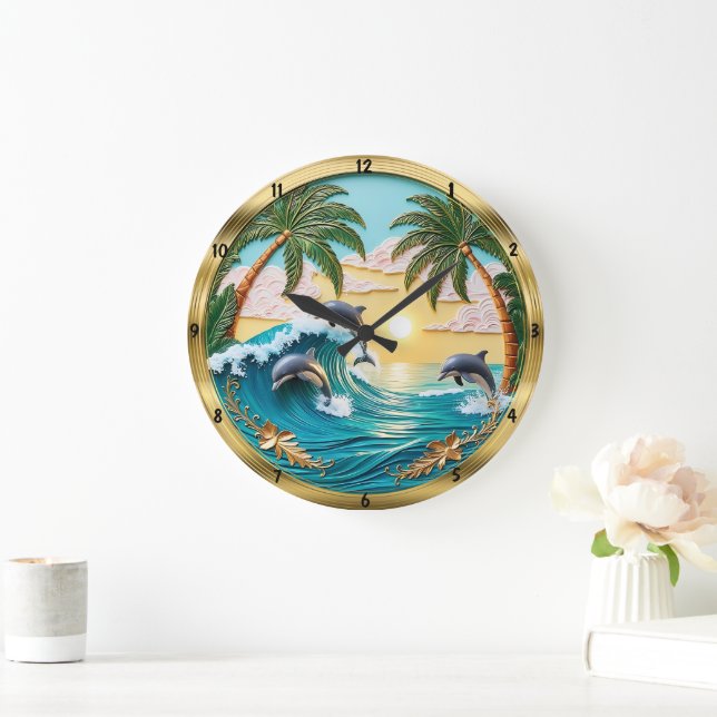 Dolphins Jumping Ocean Waves Sunset Large Clock (Home)