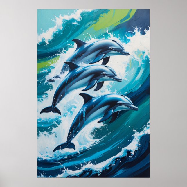 Dolphins Jumping Through Ocean Waves Dynamic Marin Poster (Front)