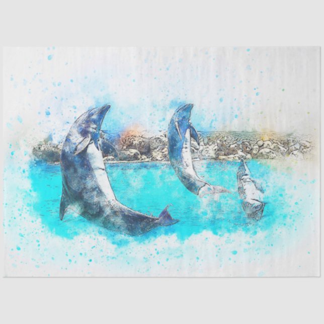 Dolphins Jumping Watercolor Art Decoupage Tissue Paper (Front)