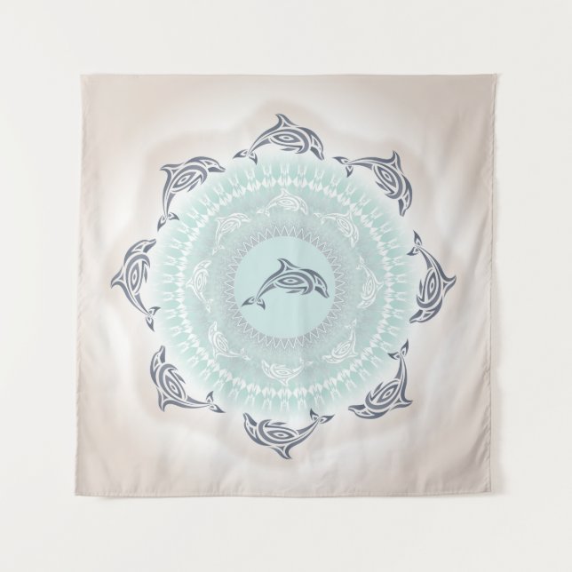 Dolphins Mandala Blue Taupe Coastal Tapestry (Front)
