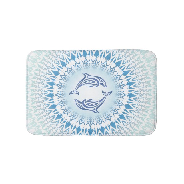 Dolphins Mandala Blue White Maritime Bath Mat (Front)