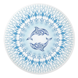 Dolphins Mandala Blue White Nautical Ceramic Knob