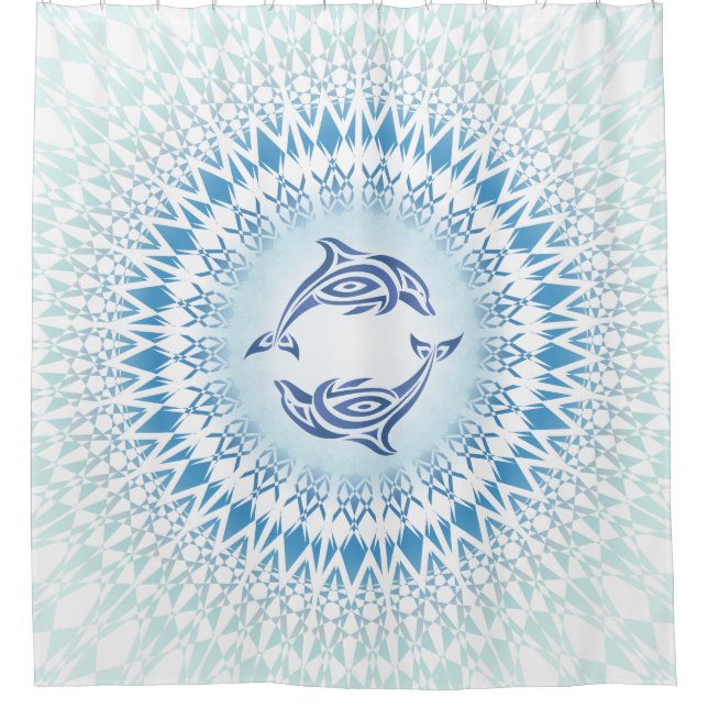 Dolphins Mandala Blue White Nautical Shower Curtain (Front)