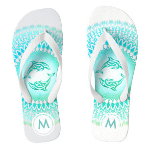 Dolphins Mandala Green White Monogram Thongs