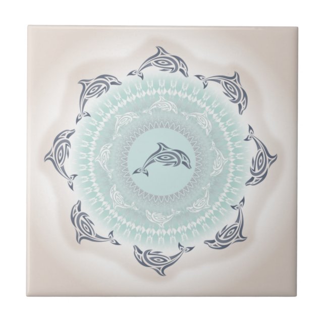 Dolphins Mandala Pale Blue Taupe Ceramic Tile (Front)