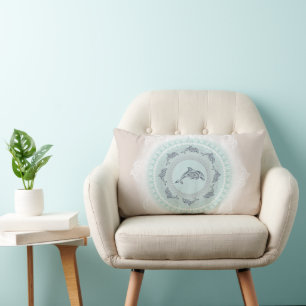 Dolphins Mandala Pale Blue Taupe Coastal Lumbar Cushion