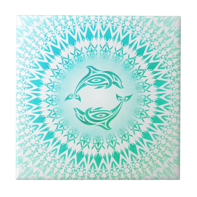 Dolphins Mandala Turquoise Green White Ceramic Tile (Front)