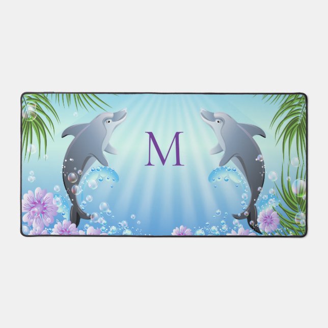 Dolphins Ocean Beach Theme With Custom Monogram  Desk Mat (Front)