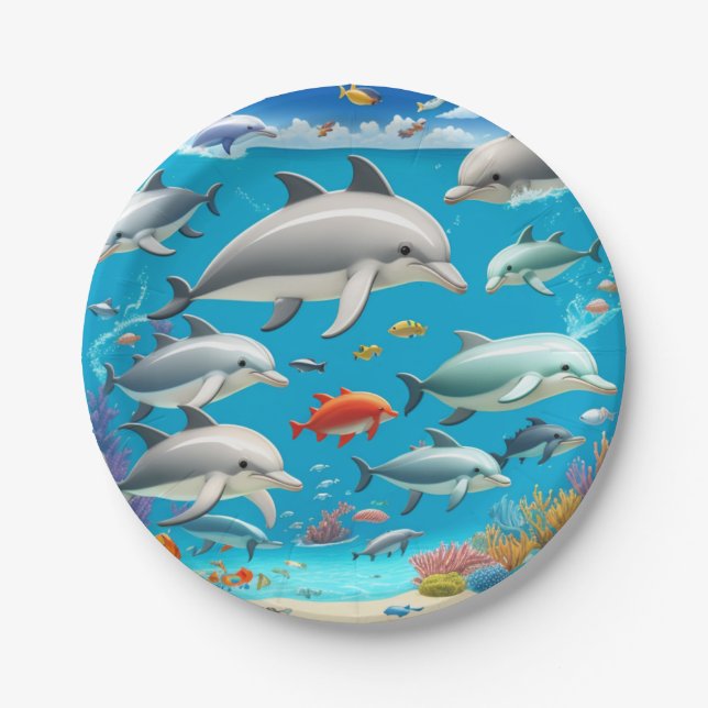 Dolphins ocean cartoon paper plate (Front)