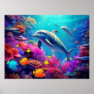 Dolphins on a coral reef, marine life poster