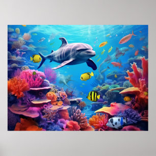 Dolphins on a coral reef, marine life poster
