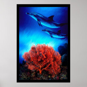 Dolphins over corals poster