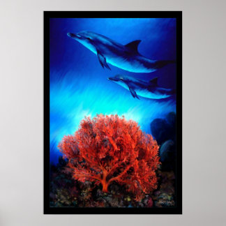 Dolphins over corals poster