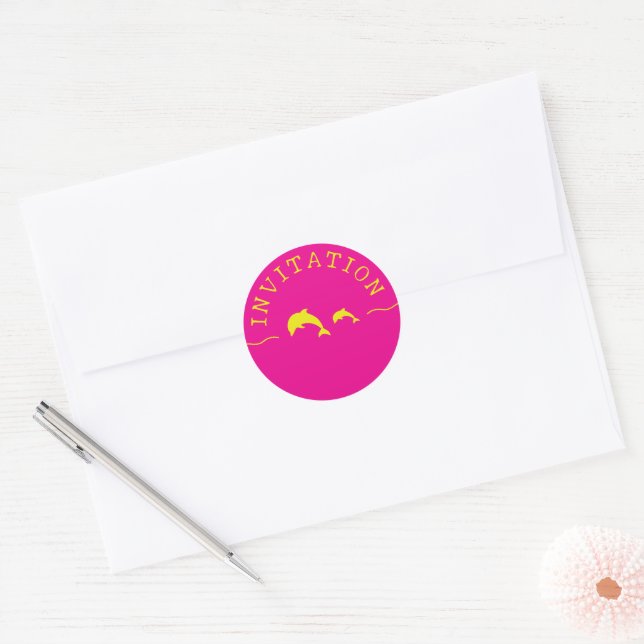 Dolphins Pink & Yellow Invitation Envelope Seal (Envelope)