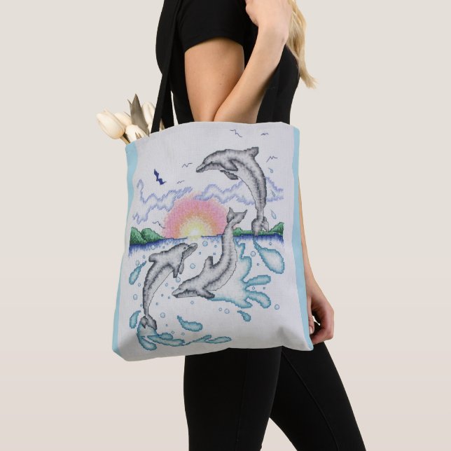 Dolphins Playing Sunrise Ocean Beach Sunset Tote Bag (Close Up)