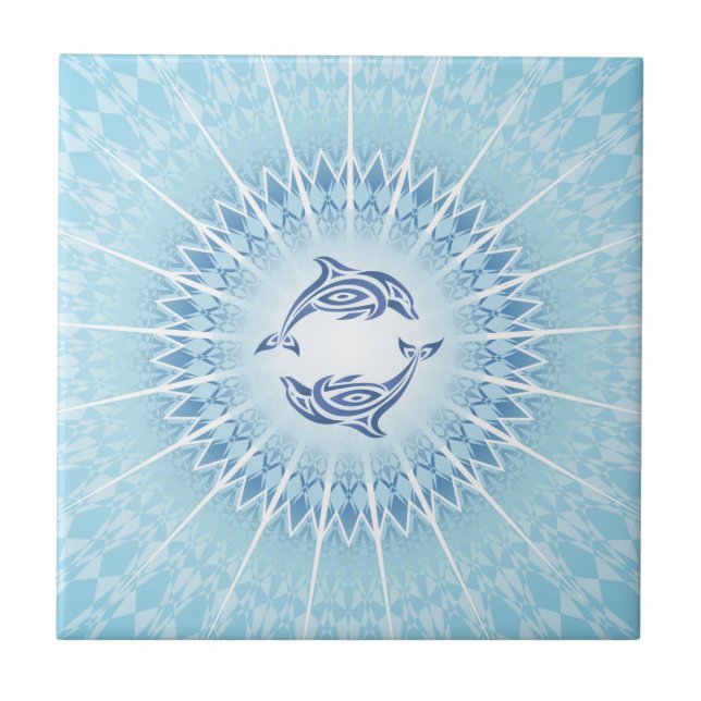 "Dolphins Radiance" |  Blue Mandala Coastal Tile (Front)