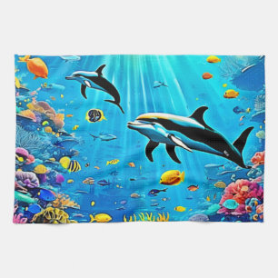 Dolphins & Reef: Underwater Joy Tea Towel