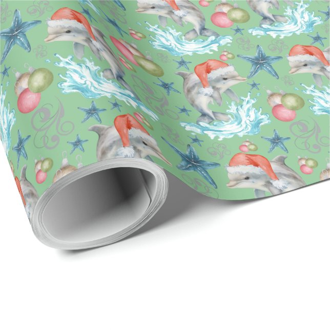 Dolphins Santa Hats Christmas Gift Wrapping Paper (Roll Corner)