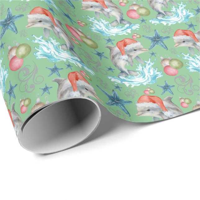 Dolphins Santa Hats Christmas Gift Wrapping Paper (Roll Corner)