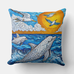 Dolphins Seagulls Ocean Scene 🌊🐬 Coastal Breeze Cushion