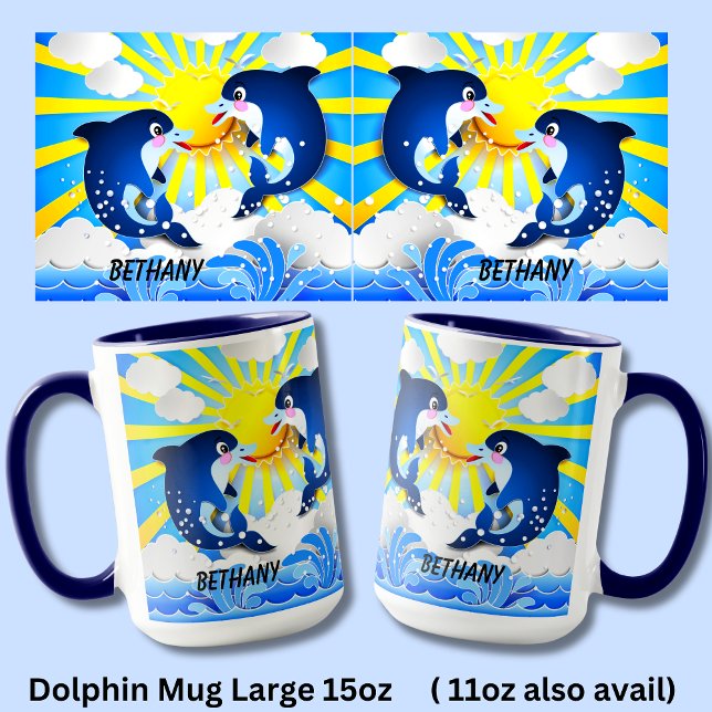 Dolphins & Sun Personalise Add Your Name Blue 15oz Mug (Creator Uploaded)