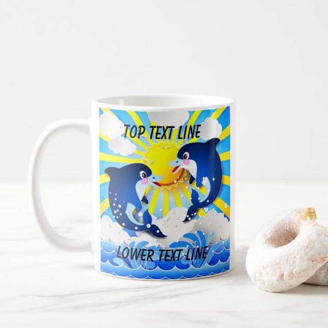 Dolphins & Sun Personalise Add Your Name or Text Coffee Mug (With Donut)