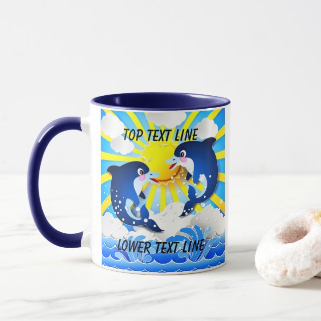 Dolphins & Sun Personalise Add Your Name or Text Mug (With Donut)
