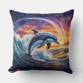 Dolphins Surfs Galaxy Throw Pillow