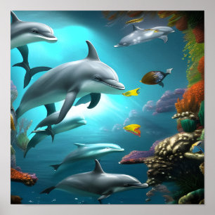 Dolphins Swimming Underwater  Poster