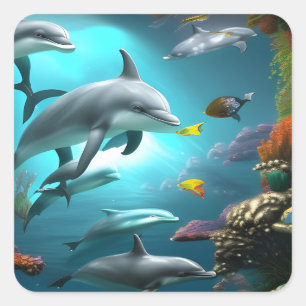 Dolphins Swimming Underwater   Square Sticker