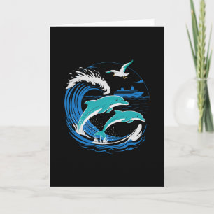 Dolphins With Cruise Ship On The Seas Retro Shirt Card