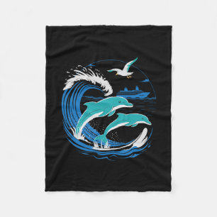 Dolphins With Cruise Ship On The Seas Retro Shirt  Fleece Blanket