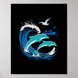 Dolphins With Cruise Ship On The Seas Retro Shirt Poster